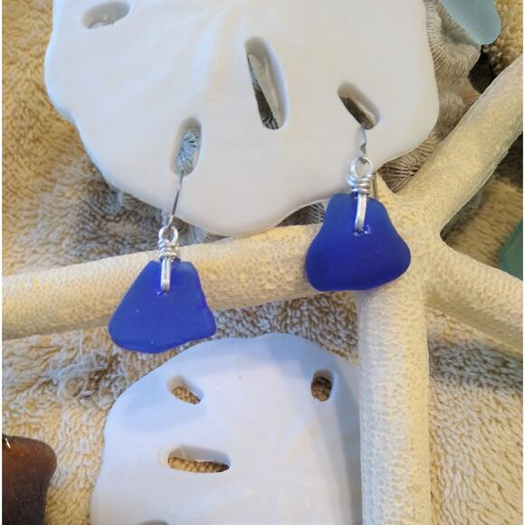 Seaglass Cobalt Blue Knot Earrings Handmade Sterling Titanium Sea Glass Beach - Picture 2 of 5